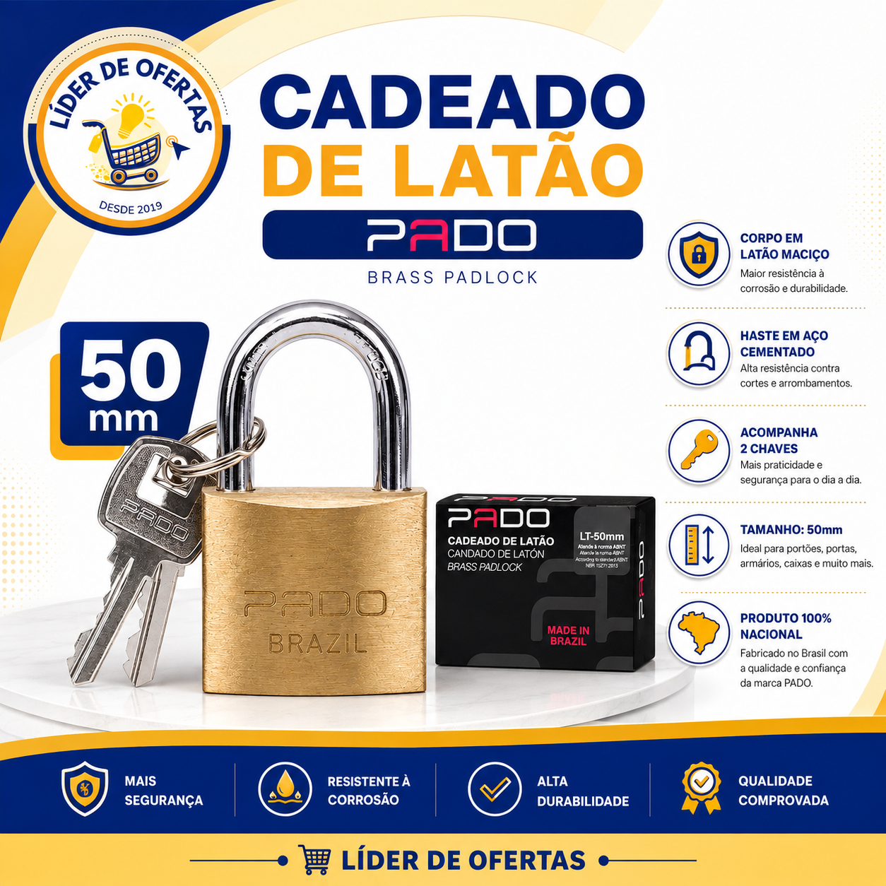 Cadeado PADO - Latão 50MM - LT-50 C/ 2 Chaves - Dourado
